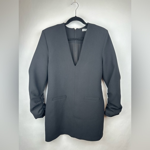 NWT Zara Black V-Neck Mini Long Sleeve Dress | US Size Large - Picture 3 of 14